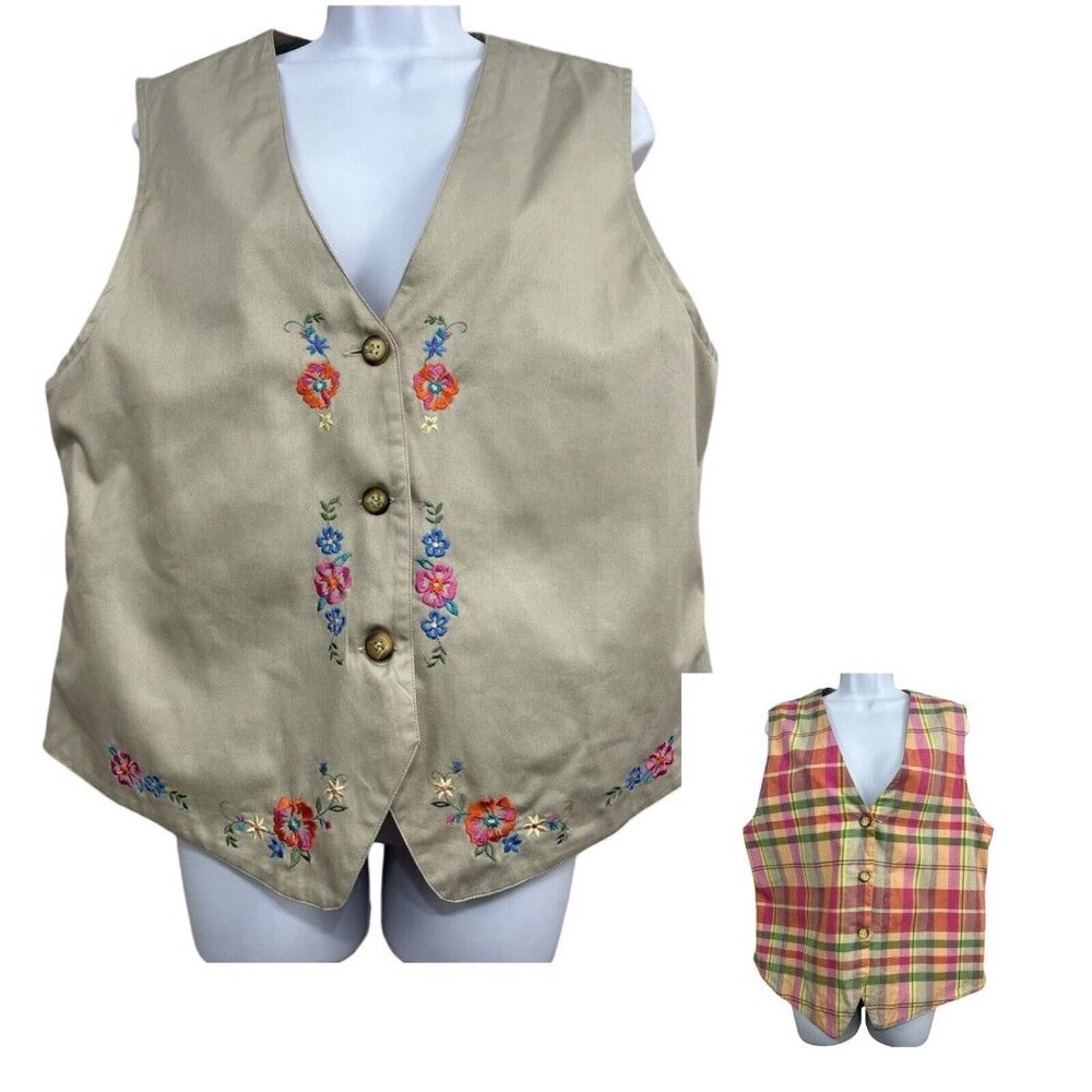 Vtg Women Vest Embroidered XL Floral Khaki Plaid Reversible Cottagecore Granny